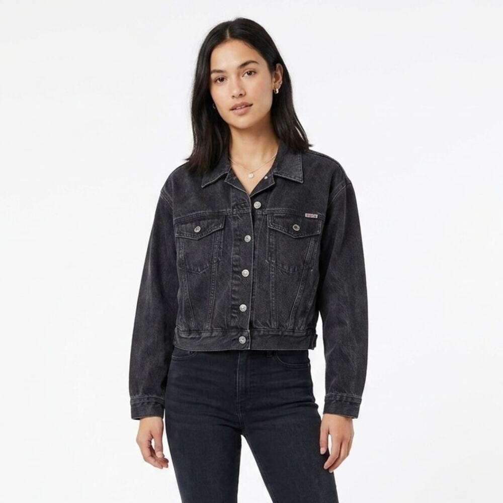 Vintage Bill Blass Cropped Trucker Jacket Womens L Black Denim Long Sleeve Goth
